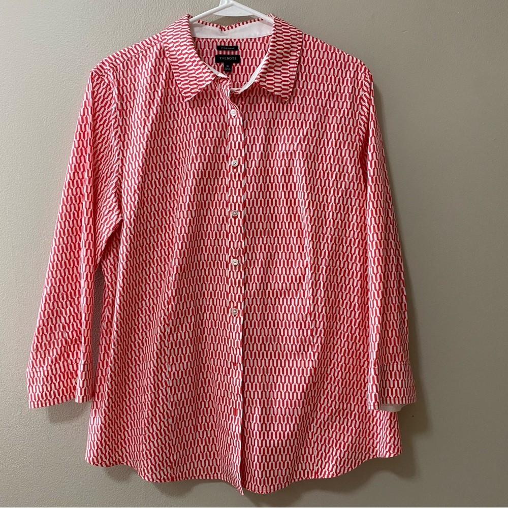Talbots womens button up blouse shirt size 16 coral red long sleeve career